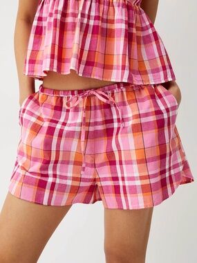 Red and pink boho lightweight plaid short NWT